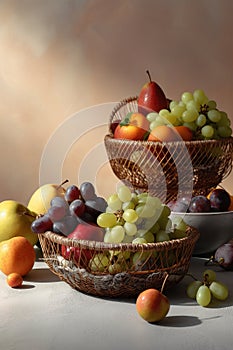 baskets of Fruit And Vegetable on a pastel background
