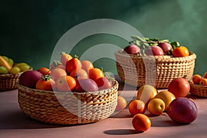 baskets of Fruit And Vegetable on a pastel background