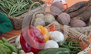 Baskets of fruit and vegetables in the sun