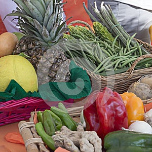 Baskets of fruit and vegetables in the sun