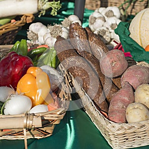 Baskets of fruit and vegetables in the sun