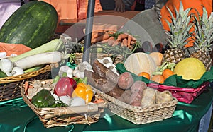 Baskets of fruit and vegetables in the sun