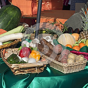 Baskets of fruit and vegetables in the sun