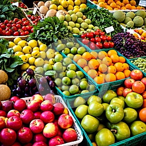 Baskets with fruits and vegetables at the market. Generative AI