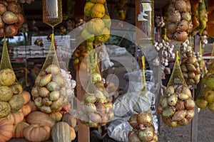 Baskets of fruits and vegetables n the street market stall