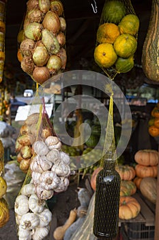 Baskets of fruits and vegetables n the street market stall
