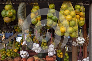 Baskets of fruits and vegetables n the street market stall