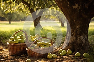 Baskets full of pears under a tree in a pear orchard