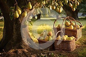 Baskets full of pears under a tree in a pear orchard