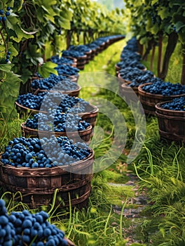 Baskets of grapes in the vineyard before harvest