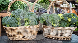 Baskets of green broccoli for sale at a farmer\'s market