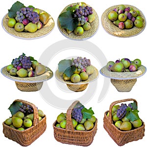 Baskets and hats with pears and grapes on a white background.