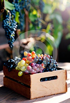 baskets of red and rose grapes in the morning vineyard sun with vine cutters