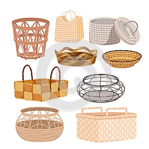 Baskets set, round and square decor hampers with lid and handles, empty wicker bin