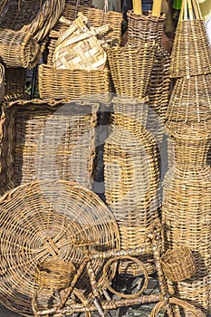 Baskets and several pieces in straw at a handicraft store in Aracaju Brazil