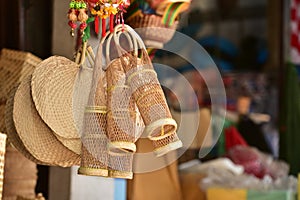 Baskets shop.There are many kind of basket that are made of bamboo.Basket wicker is Thai handmade.it is woven bamboo texture photo