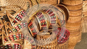 Baskets shop.There are many kind of basket that are made of bamboo.Basket wicker is Thai handmade.it is woven bamboo texture photo