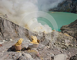 Baskets of sulphur, Kawah Ijen, Java, Indonesia