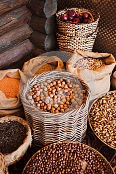 Baskets with various kinds of nuts