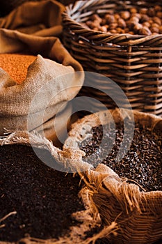 Baskets with various kinds of nuts