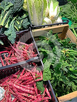 Baskets of vegetables at the booth in the store, arranged vegetables, bunched fresh spinach, green kale leaves, Chinese cabbage, c