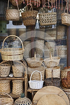 Baskets wickerwork old shop. Traditional handcrafted works. Basketry