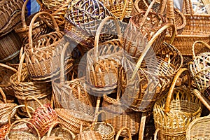 Baskets woven from willow twigs. a container used to hold or car