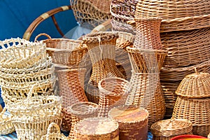 Baskets woven from willow twigs. a container used to hold or car