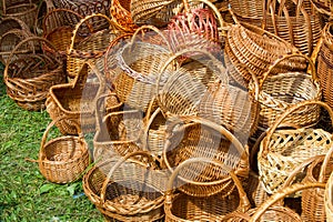 Baskets woven from willow twigs. a container used to hold or car