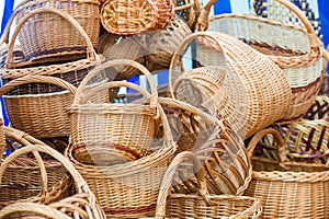 Baskets woven from willow twigs. a container used to hold or car