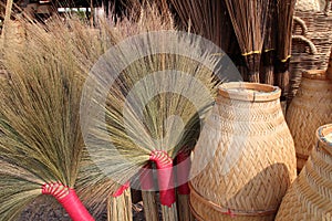 basketware and wicker items stall in a village in laos