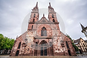 Basler Munster or Basel Minster Cathedral facade view a red wall church in Basel Switzerland