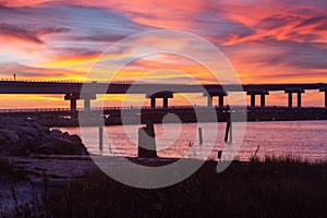 Basnight Bridge Silhouetted Against Sunset Sky