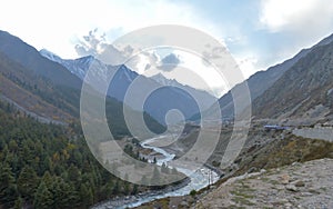 Baspa River flowing through Sangla Valley Chitkul, most scenic upper and middle hill slopes of Himalayas mountain range near Indo-