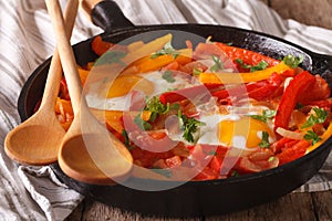 Basque breakfast: fried eggs with peppers close-up. horizontal