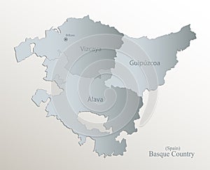 Basque Country map, administrative division with names, white blue card paper 3D