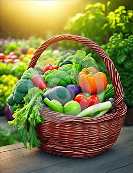 A basquet full of vegetables on a table in the garden photo