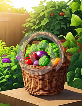 A basquet full of vegetables on a table in the garden photo