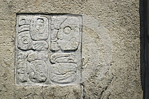 Basrelief carving of Mayan signs at the archaeological site of Palenque, Chiapas, Mexico