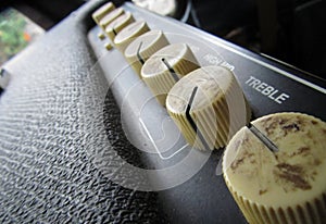 Bass amplifier, detail of the knobs for equalization, sound equipment