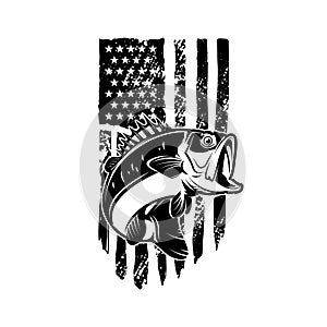 Bass fish on american flag background . Design element for logo, label, sign, emblem, poster.
