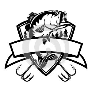 Bass fish and fishing hook - Fishing logo. Template club emblem. Fishing theme vector illustration.