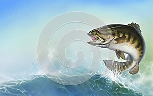 Bass fish jumps out of water realistic illustration.