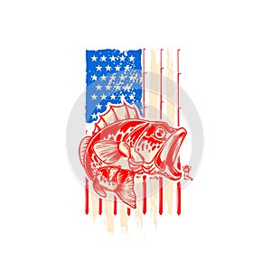 Bass fishing club. Bass fish on american flag background. Design element for t shirt, poster, card, banner. Vector