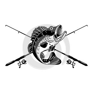 Bass fishing club. Bass fish and fishing rod. Design element for logo, label, sign, badge.