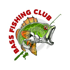 Bass fishing club. Illustration of bass fish and fishing rod. Design element for poster, card, banner, t shirt.