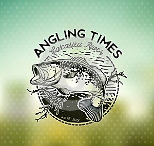 Bass Fishing emblem on blur background. Vector illustration.