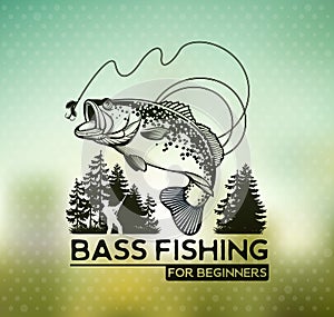 Bass Fishing emblem on blur background. Vector illustration.