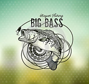 Bass Fishing emblem on blur background. Vector illustration.