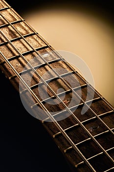 Bass guitar fretboard and strings